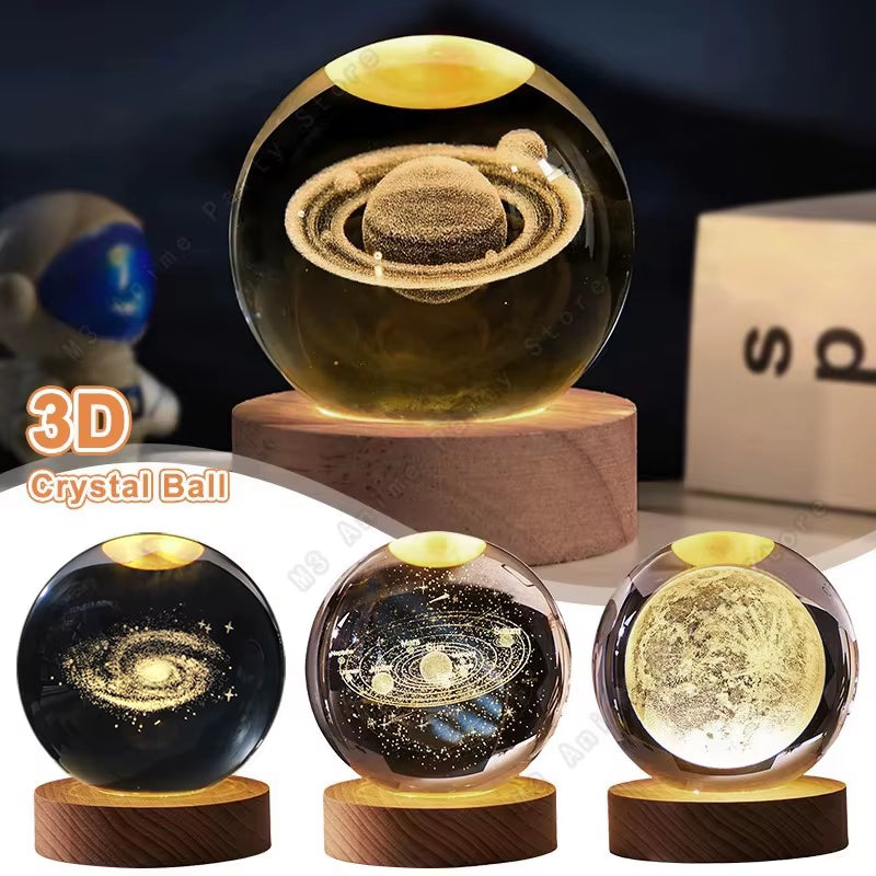 Unique 3D Crystal Ball Night Light Led Lamp Bedside Table Glowing Galaxy Lamp Saturn Planets Moon Children Birthday Gift Toy 5Cm
